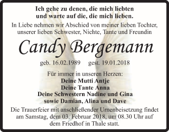 Traueranzeige von Candy Bergemann von Super Sonntag Quedlinburg