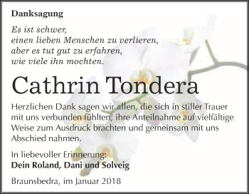 Traueranzeige von Cathrin Tondera von WVG - Wochenspiegel Merseburg