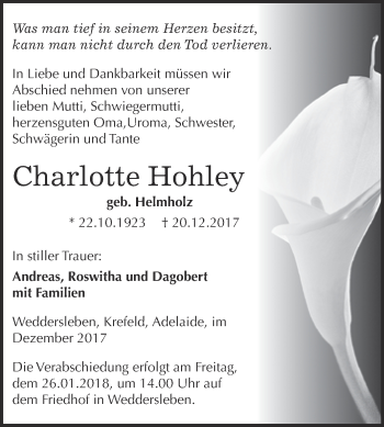 Traueranzeige von Charlotte Hohley von Super Sonntag Quedlinburg