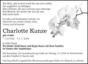 Traueranzeige von Charlotte Kunze von Mitteldeutsche Zeitung