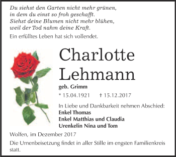 Traueranzeige von Charlotte Lehmann von WVG - Wochenspiegel Bitterfeld