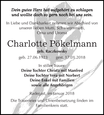 Traueranzeige von Charlotte Pökelmann von WVG - Wochenspiegel Dessau / Köthen