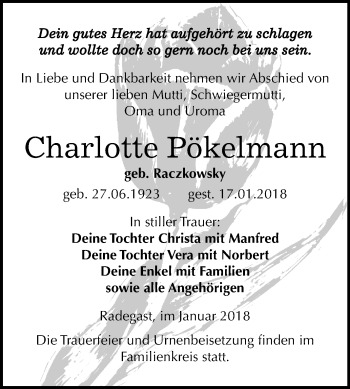 Traueranzeige von Charlotte Pökelmann von Mitteldeutsche Zeitung Köthen