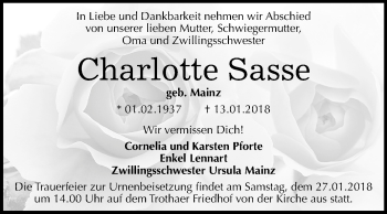 Traueranzeige von Charlotte Sasse von Mitteldeutsche Zeitung Halle/Saalkreis