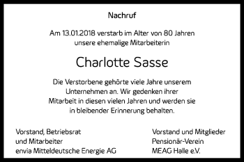 Traueranzeige von Charlotte Sasse von Mitteldeutsche Zeitung Halle/Saalkreis