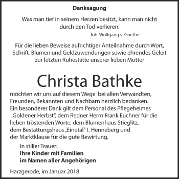 Traueranzeige von Christa Bathke von Super Sonntag Quedlinburg