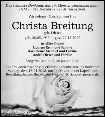 Traueranzeige von Christa Breitun von Mitteldeutsche Zeitung Sangerhausen