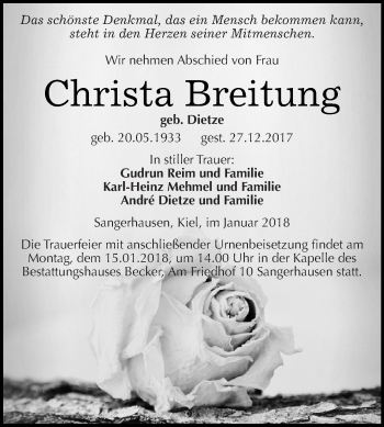 Traueranzeige von Christa Breitung von Super Sonntag SGH Mansf. Land