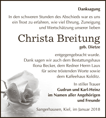 Traueranzeige von Christa Breitung von Super Sonntag SGH Mansf. Land