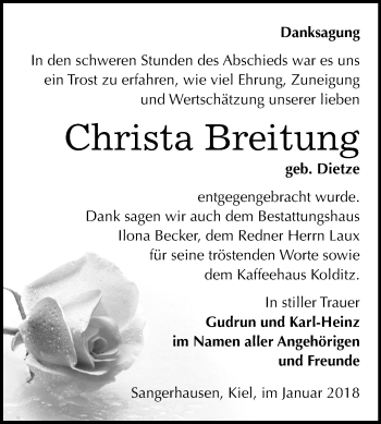 Traueranzeige von Christa Breitung von Mitteldeutsche Zeitung