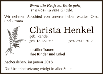 Traueranzeige von Christa Henkel von Super Sonntag Aschersleben