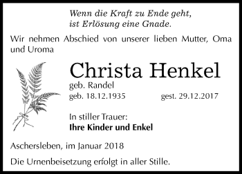 Traueranzeige von Christa Henkel von Mitteldeutsche Zeitung Aschersleben