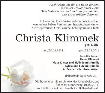 Traueranzeige von Christa Klimmek von WVG - Wochenspiegel Quedlinburg