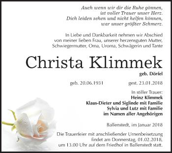 Traueranzeige von Christa Klimmek von Mitteldeutsche Zeitung