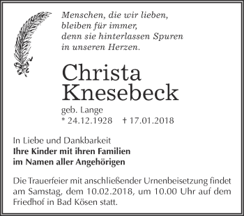 Traueranzeige von Christa Knesebeck von WVG - Wochenspiegel NMB / WSF / ZTZ