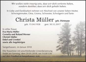 Traueranzeige von Christa Müller von Mitteldeutsche Zeitung Sangerhausen