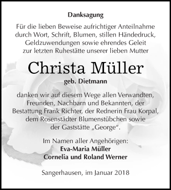 Traueranzeige von Christa Müller von Super Sonntag SGH Mansf. Land
