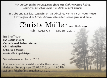 Traueranzeige von Christa Müller von Super Sonntag SGH Mansf. Land