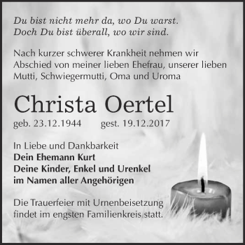 Traueranzeige von Christa Oertel von WVG - Wochenspiegel Bitterfeld