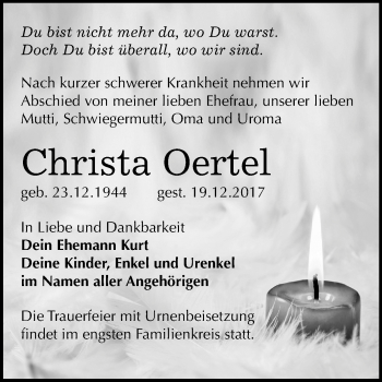 Traueranzeige von Christa Oertel von Mitteldeutsche Zeitung Bitterfeld