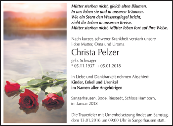 Traueranzeige von Christa Pelzer von Mitteldeutsche Zeitung Sangerhausen