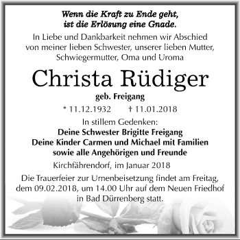 Traueranzeige von Christa Rüdiger von Mitteldeutsche Zeitung Merseburg/Querfurt