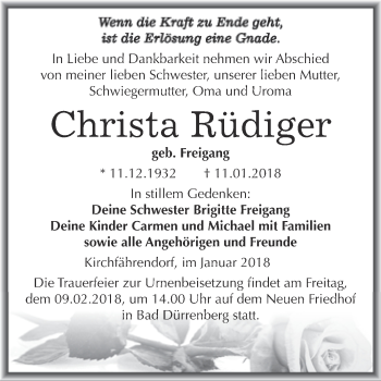 Traueranzeige von Christa Rüdiger von Super Sonntag Merseburg