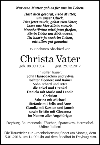 Traueranzeige von Christa Vater von Mitteldeutsche Zeitung