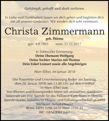 Traueranzeige von Christa Zimmermann von WVG - Wochenspiegel Dessau / Köthen