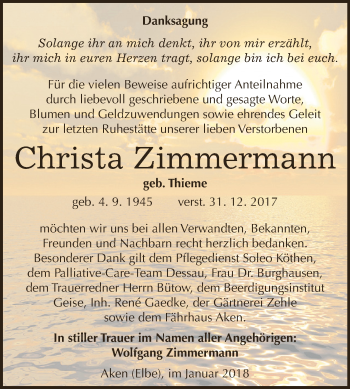 Traueranzeige von Christa Zimmermann von WVG - Wochenspiegel Dessau / Köthen