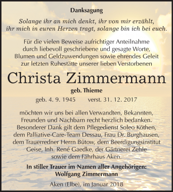 Traueranzeige von Christa Zimmermann von Mitteldeutsche Zeitung Köthen