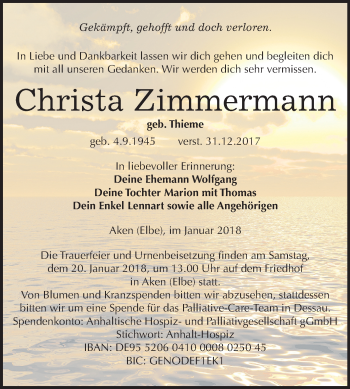 Traueranzeige von Christa Zimmermann von Mitteldeutsche Zeitung Köthen