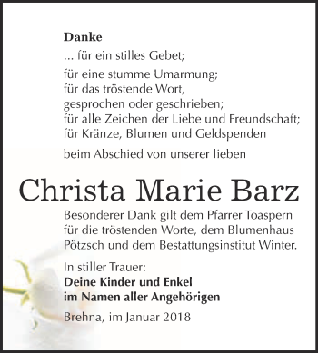 Traueranzeige von Christa Marie Barz von WVG - Wochenspiegel Bitterfeld
