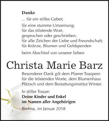 Traueranzeige von Christa Marie Barz von Mitteldeutsche Zeitung Bitterfeld