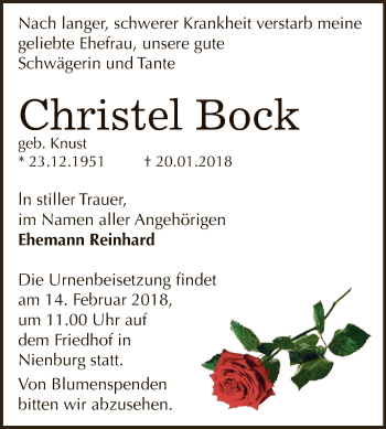 Traueranzeige von Christel Bock von Super Sonntag Bernburg
