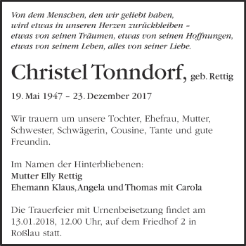 Traueranzeige von Christel Tonndorf von WVG - Wochenspiegel Dessau / Köthen