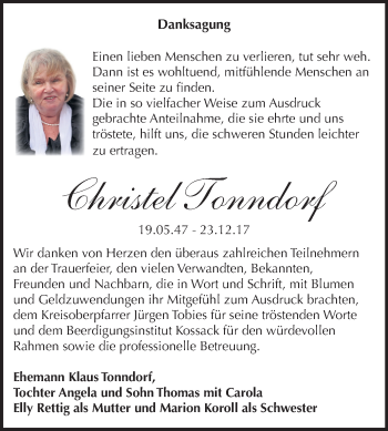 Traueranzeige von Christel Tonndorf von Mitteldeutsche Zeitung Dessau-Roßlau