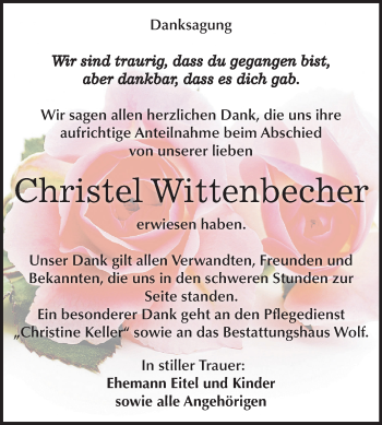 Traueranzeige von Christel Wittenbecher von Mitteldeutsche Zeitung Weißenfels