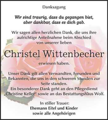 Traueranzeige von Christel Wittenbecher von WVG - Wochenspiegel NMB / WSF / ZTZ