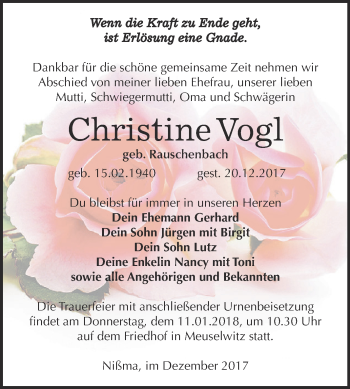 Traueranzeige von Christine Vogl von Super Sonntag Zeitz