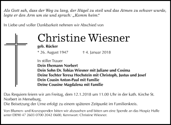 Traueranzeige von Christine Wiesner von WVG - Wochenspiegel Merseburg