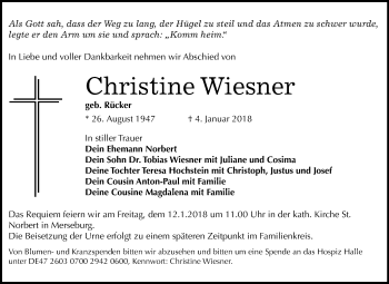 Traueranzeige von Christine Wiesner von Mitteldeutsche Zeitung Merseburg/Querfurt