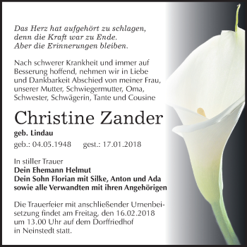 Traueranzeige von Christine Zander von Mitteldeutsche Zeitung