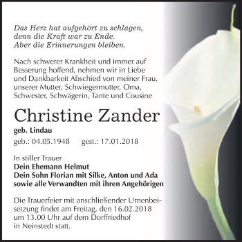 Traueranzeige von Christine Zander von WVG - Wochenspiegel Quedlinburg