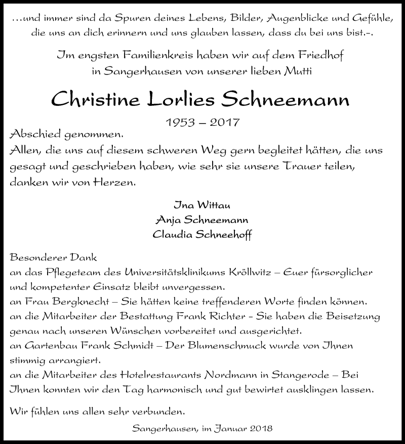  Traueranzeige für Christine Lorlies Schneemann vom 03.01.2018 aus Mitteldeutsche Zeitung