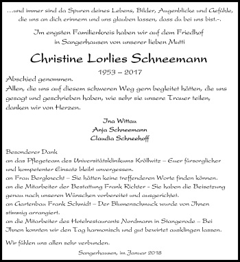 Traueranzeige von Christine Lorlies Schneemann von Mitteldeutsche Zeitung