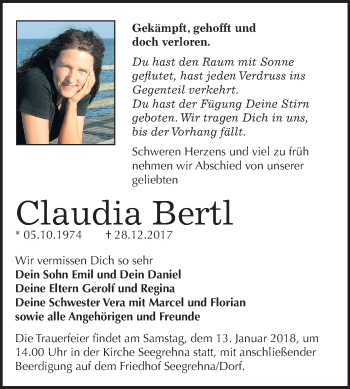 Traueranzeige von Claudia Bertl von Mitteldeutsche Zeitung