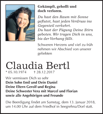 Traueranzeige von Claudia Bertl von Mitteldeutsche Zeitung