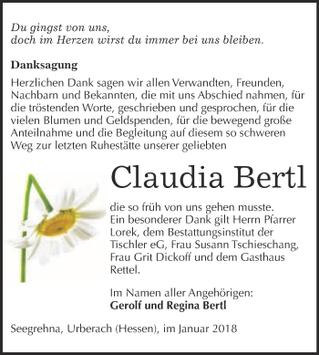 Traueranzeige von Claudia Bertl von WVG - Wochenspiegel Wittenberg