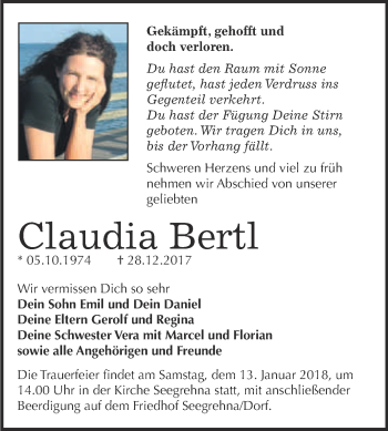 Traueranzeige von Claudia Bertl von WVG - Wochenspiegel Wittenberg